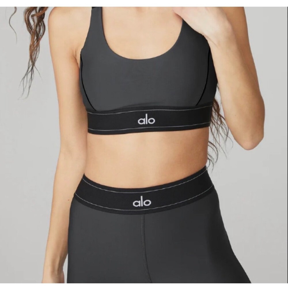 Alo Yoga Set Sz M Airlift Suit Up Gray Logo Anthracite Leggings Sports Bra Top